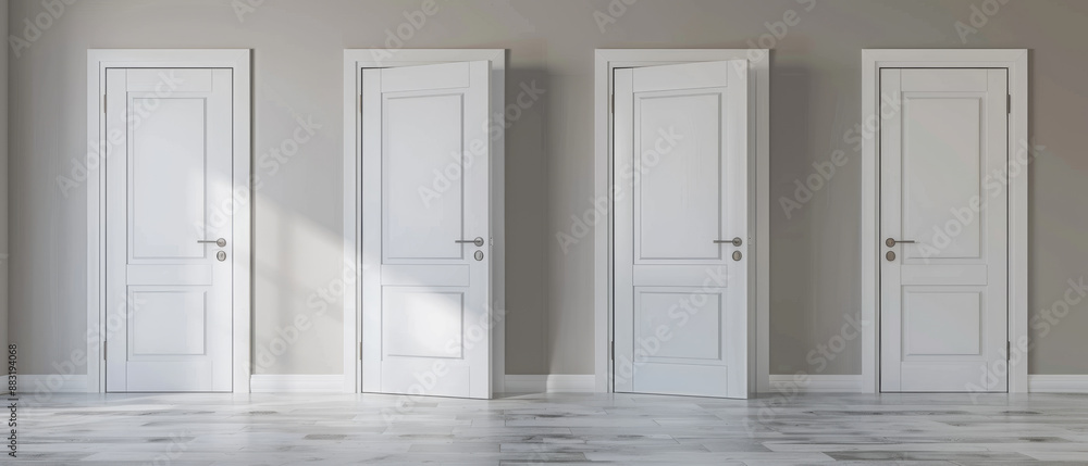 Four identical white doors partially open in an empty, minimalist room, symbolizing choices and new beginnings. Four identical white doors partially open in an empty, minimalist room, symbolizing choices and new beginnings.