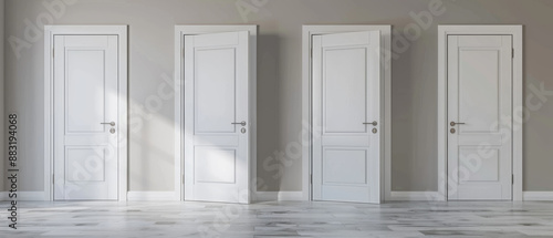 Wallpaper Mural Four identical white doors partially open in an empty, minimalist room, symbolizing choices and new beginnings. Torontodigital.ca