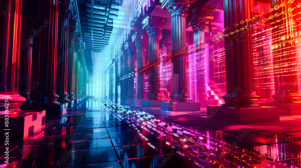 Fototapeta premium Futuristic Neon Corridor with Columns at Night