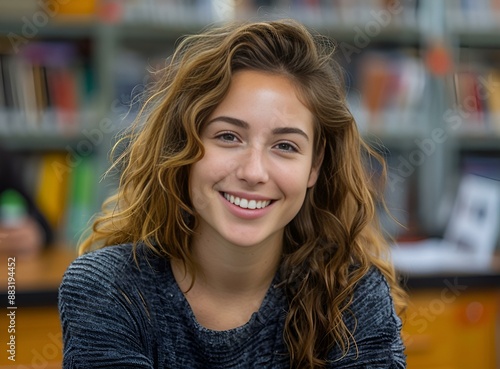 Wallpaper Mural a smiling woman sitting in front of a book shelf. Torontodigital.ca