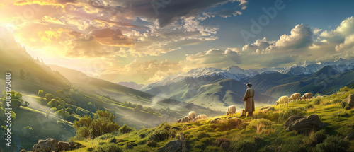 A tranquil shepherd watches over a flock of sheep on a lush, green hillside with majestic mountains basking in the golden glow of a sunset.