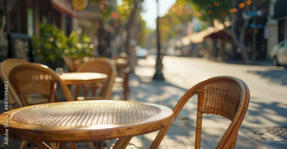 Elegant outdoor cafe with wooden tables and chairs. Elegant outdoor cafe with wooden tables and chairs.