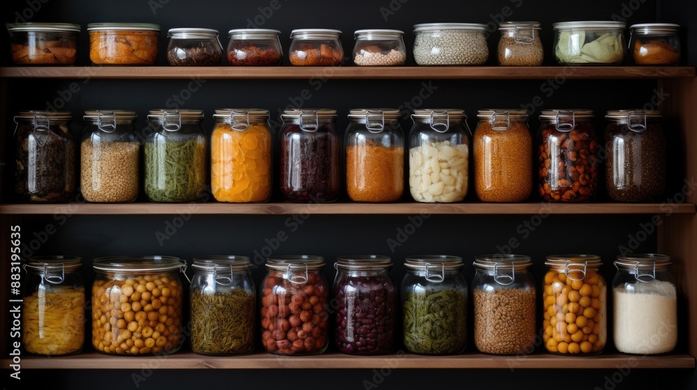 Neat and Tidy Pantry Organization with Jars and Containers, No People Neat and Tidy Pantry Organization with Jars and Containers, No People