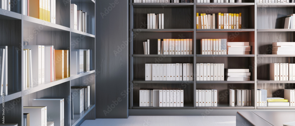 Modern library interior featuring organized bookshelves filled with books, bathed in minimalist and clean design. Modern library interior featuring organized bookshelves filled with books, bathed in minimalist and clean design.