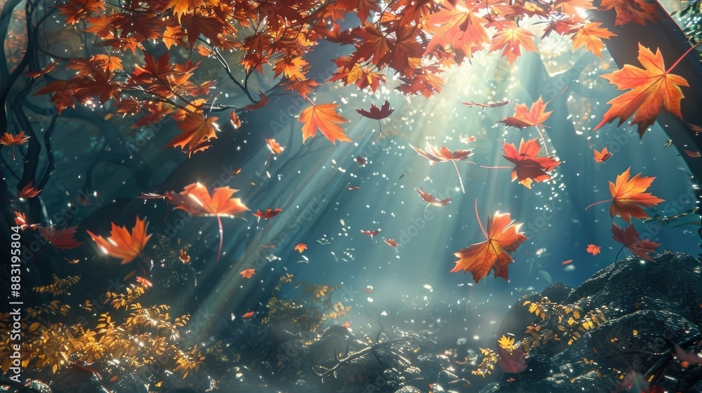 Fototapeta premium Vibrant Maple Leaves Floating Through Peaceful Sun Dappled Forest Landscape