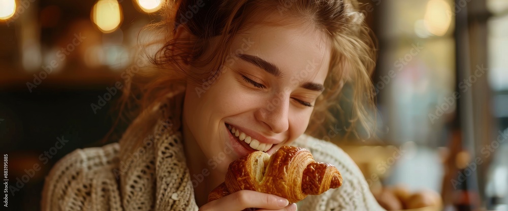 A beautiful girl, enjoying the taste of a fresh croissant, her face glowing with delight A beautiful girl, enjoying the taste of a fresh croissant, her face glowing with delight