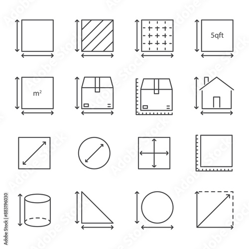 Dimension, area and perimeter measure concept editable stroke outline icons set isolated on white background
