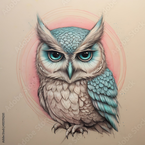 owl logo hand drawn style watercolor green teal pink photo