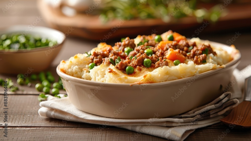 A hearty shepherd's pie with browned mashed potato topping and savory lamb filling. A hearty shepherd's pie with browned mashed potato topping and savory lamb filling.