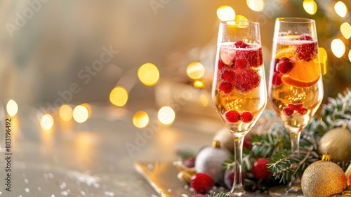 Two champagne flutes with fruit garnishes, holiday lights in background © Artyom