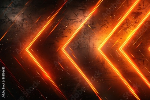 Glowing neon lights in the shape of arrows illuminate a textured wall