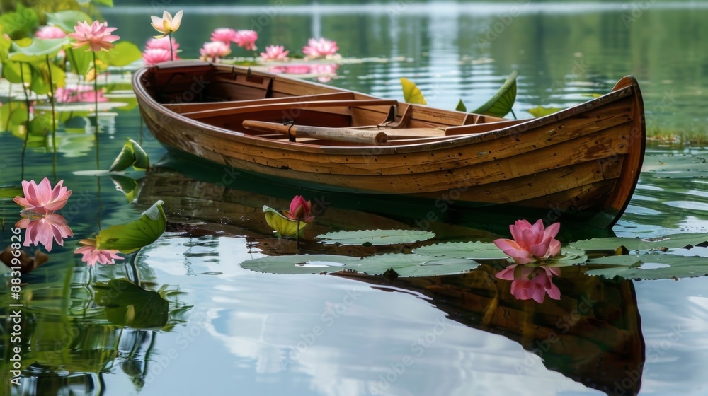 Obraz premium Create a charming rowboat gently floating on a tranquil pond surrounded by blooming lotus flowers.