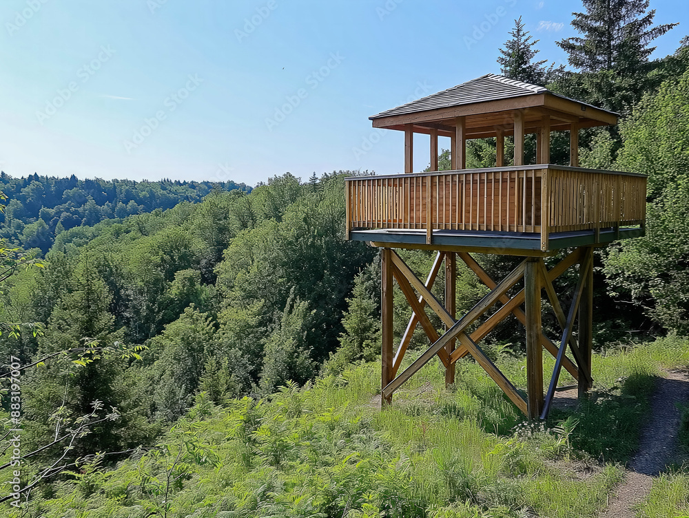 A wooden structure with a roof sits on a hillside. The structure is surrounded by trees and he is a lookout point. The view from the structure is of a forest and a mountain A wooden structure with a roof sits on a hillside. The structure is surrounded by trees and he is a lookout point. The view from the structure is of a forest and a mountain