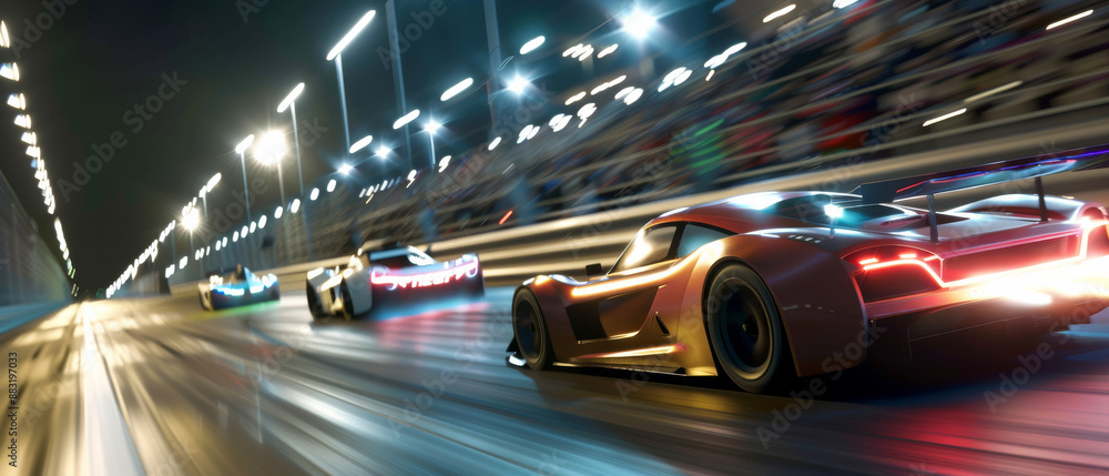 Sleek race cars blur past at high speed on an illuminated night racetrack, exuding adrenaline and competition. Sleek race cars blur past at high speed on an illuminated night racetrack, exuding adrenaline and competition.