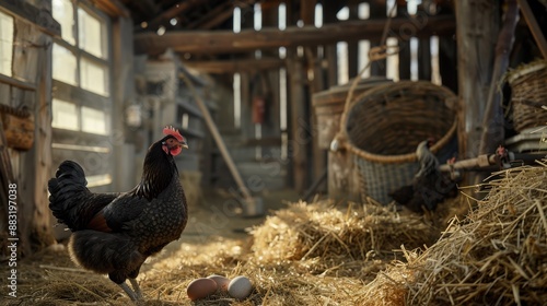 The hen with fresh eggs photo