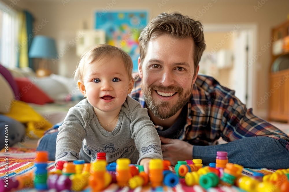 A father and his toddler son play with colorful toys on the floor of their living room A father and his toddler son play with colorful toys on the floor of their living room