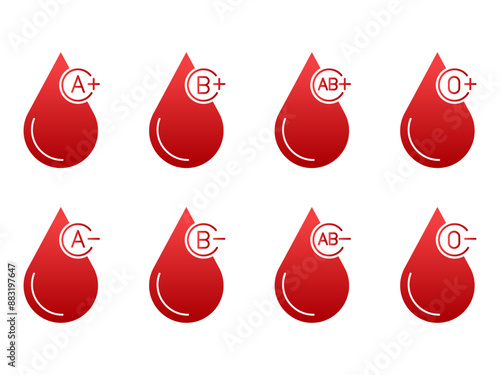 Blood group vector icons isolated on white. Drops of blood with blood type