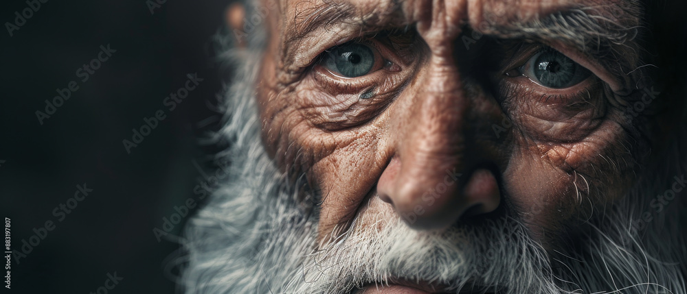 Close-up of an elderly man's expressive face, highlighting deep wrinkles, bright eyes, and a long white beard, evoking a lifetime of wisdom and stories. Close-up of an elderly man's expressive face, highlighting deep wrinkles, bright eyes, and a long white beard, evoking a lifetime of wisdom and stories.