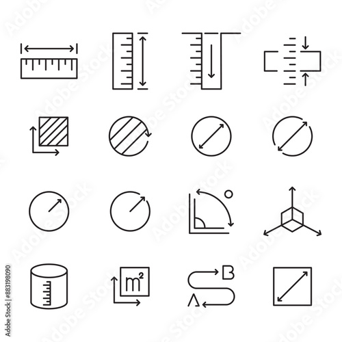 Line icons about length, weight and volume. Contains such icons as ruler, m2, area and more