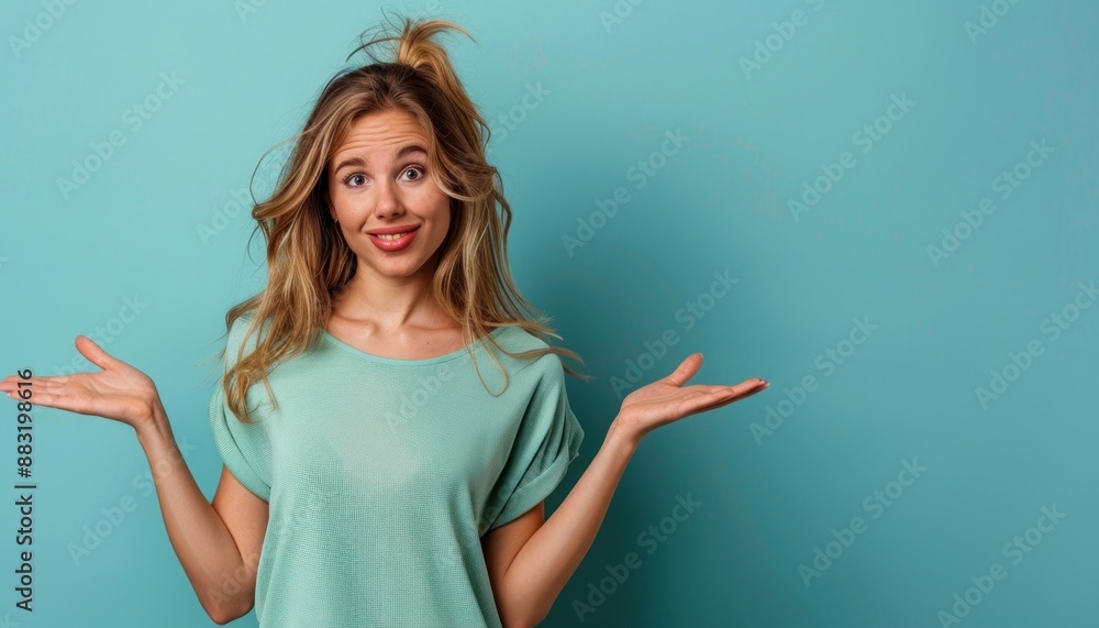 Photo of speechless woman dressed top indicating at object on arm empty space isolated on green color background
Photo of speechless woman dressed top indicating at object on arm empty space isolated on green color background