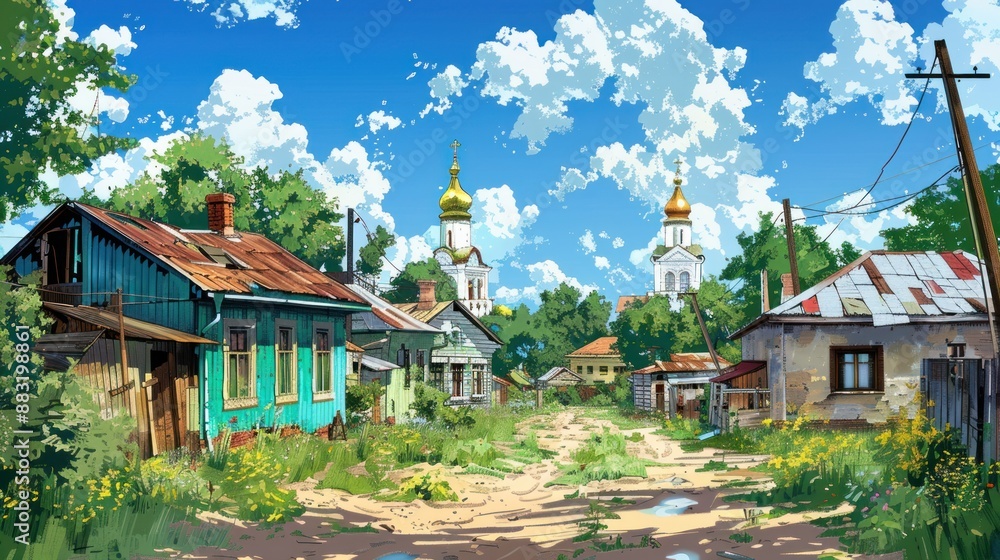 Fototapeta premium Rural Village Landscape with Church in the Distance