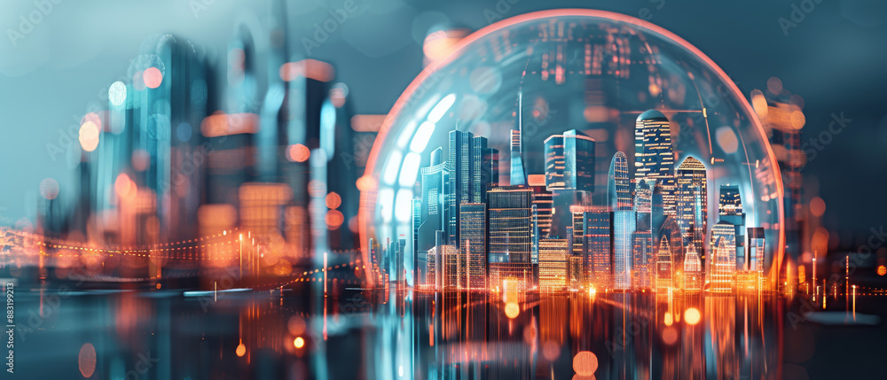 Fototapeta premium Illuminated by vibrant lights, a futuristic city under a protective dome, showcasing cutting-edge architecture and technological wonders against a dark backdrop.