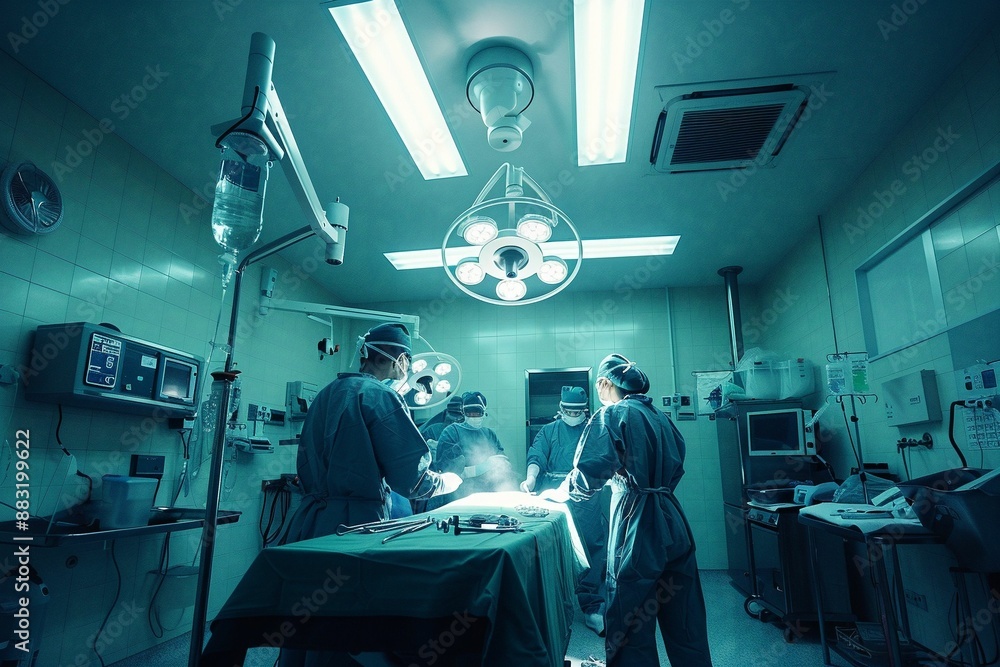 Doctors and nurses waiting for surgery in the operating room of a bright and clean hospital, Generative AI