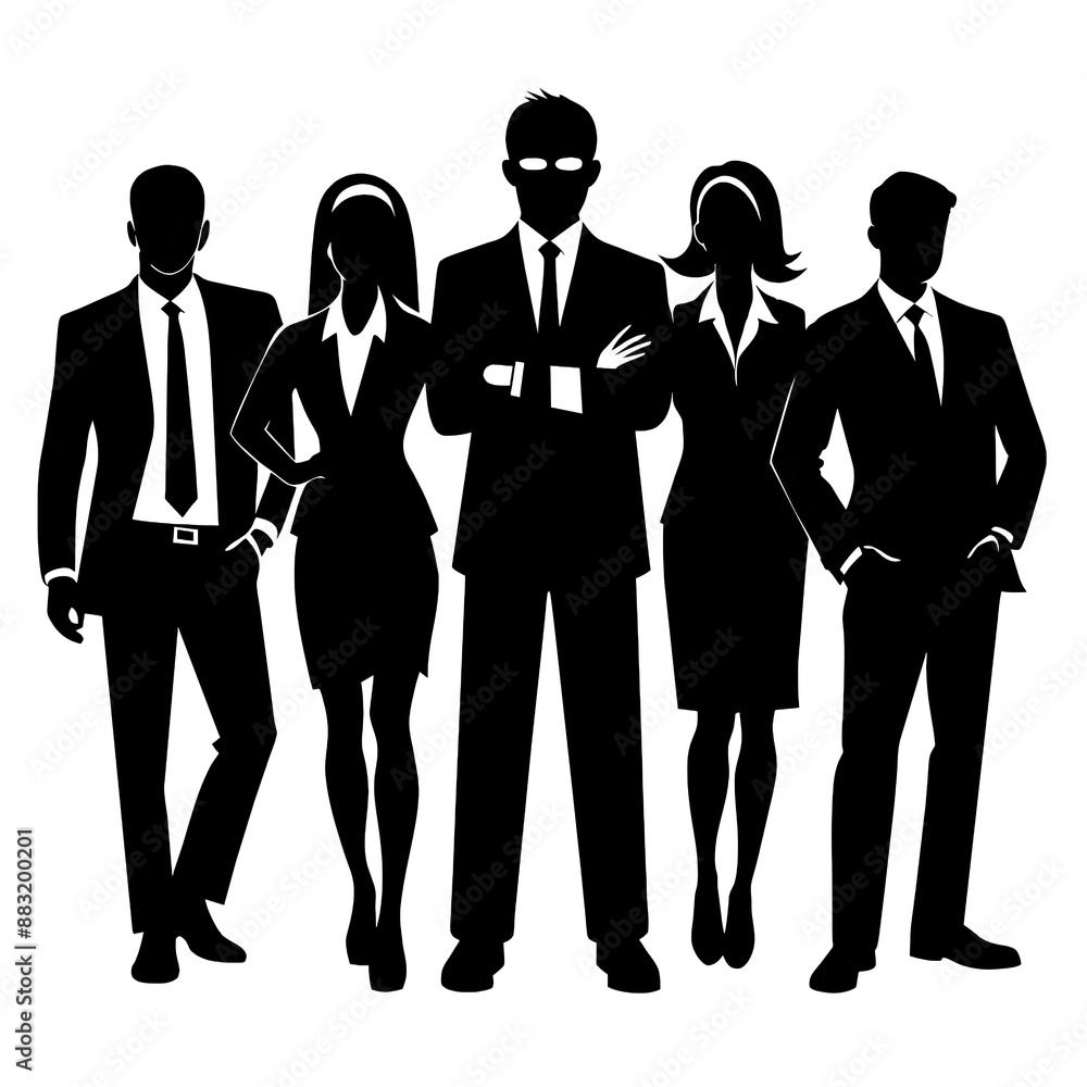 A black and white silhouette image of five business professionals standing in a row. The group consists of three men and two women, all wearing suits. Generative AI A black and white silhouette image of five business professionals standing in a row. The group consists of three men and two women, all wearing suits. Generative AI