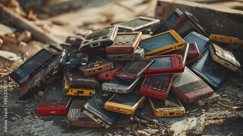 A diverse stack of old mobile phones in an outdoor junkyard, showcasing different models and brands, highlighting the issue of electronic waste in society. photo