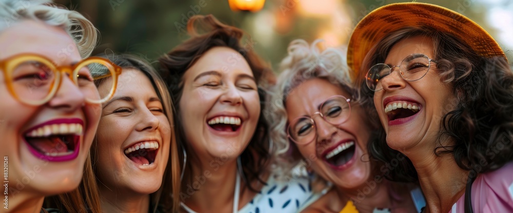 A cheerful group of happy people, mixed ages and generations of women, having fun together, their faces glowing with joy A cheerful group of happy people, mixed ages and generations of women, having fun together, their faces glowing with joy