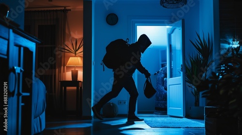 The burglar or intruder carrying the bag into the house, A silhouette of the thief with a backpack sneaking in the living room at night.