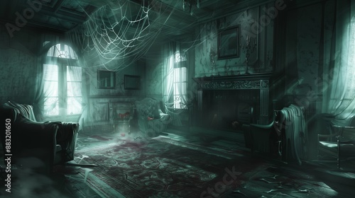 abandoned horror house with cobweb-covered furniture, bloodstains on the floors, and a ghostly mist seeping through the rooms.