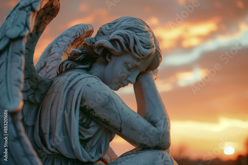 Stone angel statue with wings sits with its head bowed during a funeral service. The sunset shines behind the angel, illuminating the sky in warm hues of orange and yellow photo