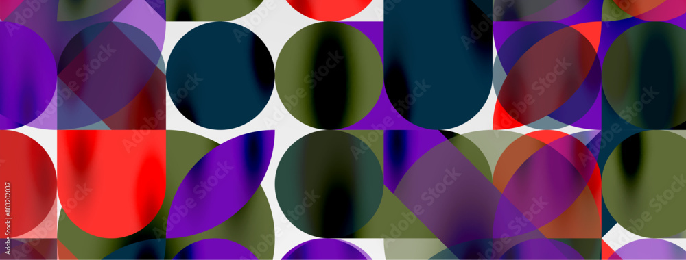 Mosaic geometric elements. Colorful circles, round geometric shapes and lines with shadow 3d effects. Simple forms abstract background for wallpaper, banner, template or landing Mosaic geometric elements. Colorful circles, round geometric shapes and lines with shadow 3d effects. Simple forms abstract background for wallpaper, banner, template or landing