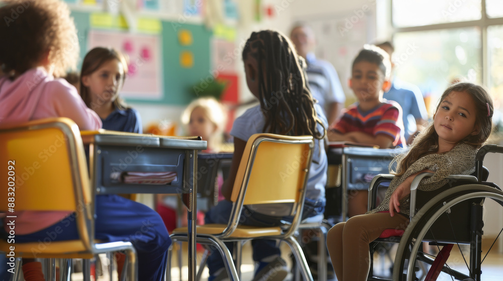 An inclusive classroom setting where diverse students are seated at desks, engaging in learning activities, fostering an environment of acceptance and understanding. An inclusive classroom setting where diverse students are seated at desks, engaging in learning activities, fostering an environment of acceptance and understanding.