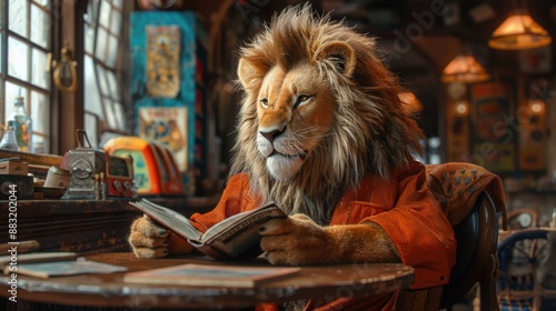 Lion reading a book