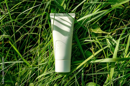 White cosmetic tube on vibrant green grass background, showcasing eco-friendly skincare packaging and natural beauty products.