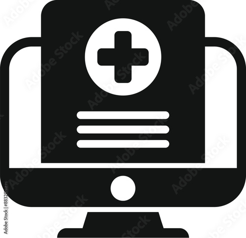 Black and white icon of online medical record with cross symbol representing patient data