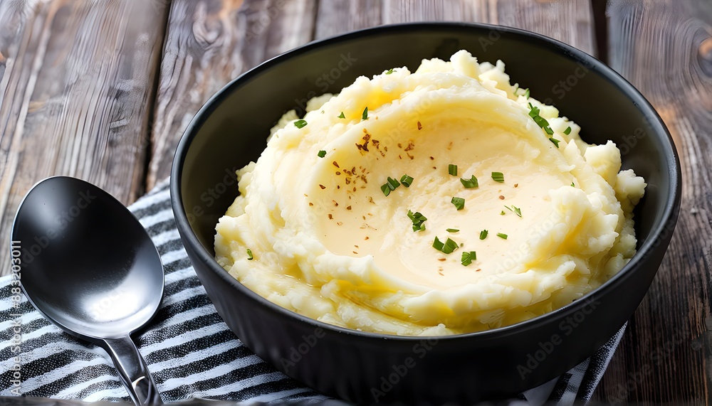 Creamy mashed potatoes in black bowl on wooden table with striped cloth. Generative AI Creamy mashed potatoes in black bowl on wooden table with striped cloth. Generative AI