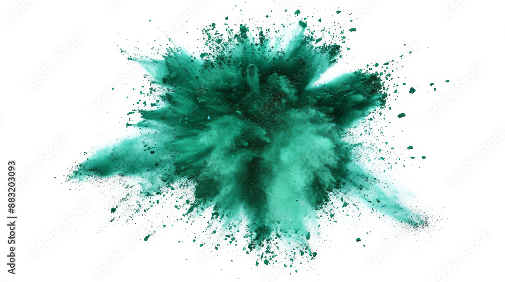 A vibrant burst of teal powder on a white background explodes outward, creating a visually captivating and colorful display of kinetic energy. A vibrant burst of teal powder on a white background explodes outward, creating a visually captivating and colorful display of kinetic energy.