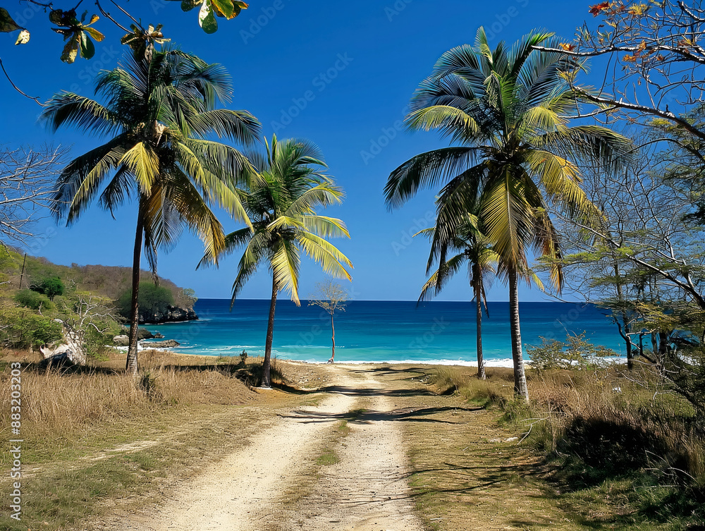 A sandy byway flanked by palm trees leads to a secluded beach with clear blue waters under a bright blue sky The scene is serene and tropical A sandy byway flanked by palm trees leads to a secluded beach with clear blue waters under a bright blue sky The scene is serene and tropical