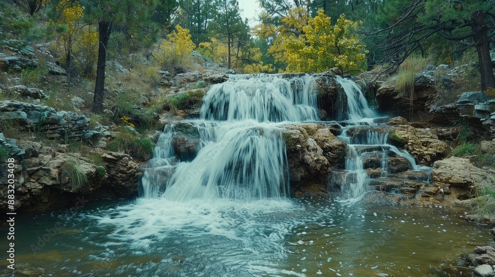 Obraz premium Serene Waterfall Cascades through Forest.