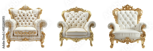 White and gold luxury arm chair stylish  isolated on transparent png background