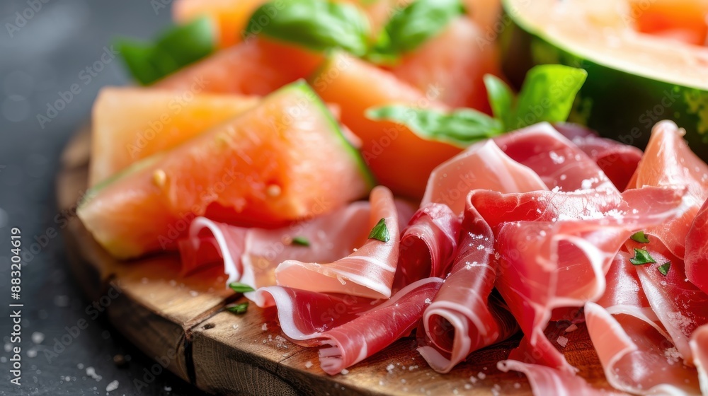 An appetizing plate featuring a gourmet combination of melon slices and prosciutto, enhanced with fresh green herbs, capturing the essence of fine Mediterranean cuisine. An appetizing plate featuring a gourmet combination of melon slices and prosciutto, enhanced with fresh green herbs, capturing the essence of fine Mediterranean cuisine.