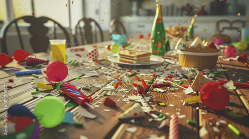A chaotic aftermath of a birthday party on a wooden table, littered with party hats, balloons, confetti, and snacks, evoking a sense of joyous celebration.