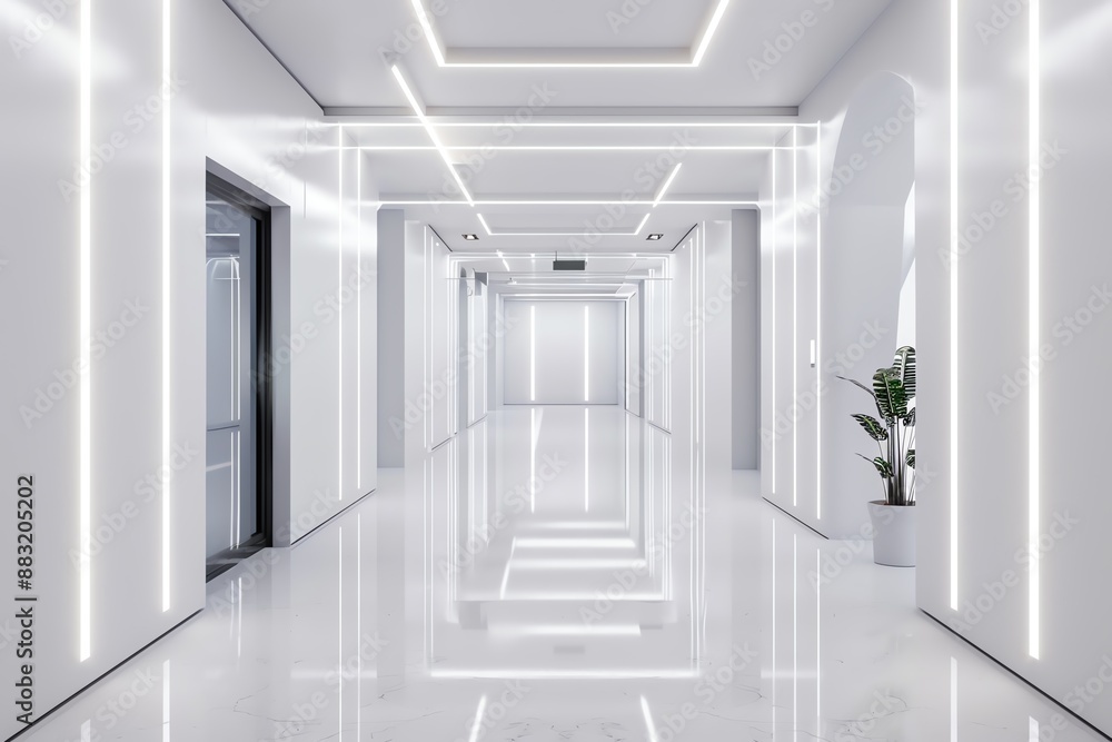 Futuristic white corridor with LED lighting and modern design, featuring sleek lines and minimalistic decor in a clean, bright environment. Futuristic white corridor with LED lighting and modern design, featuring sleek lines and minimalistic decor in a clean, bright environment.