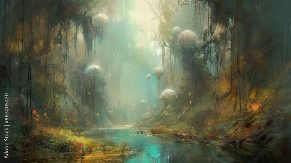 Obraz premium Bioluminescent Jellyshroom Forest River