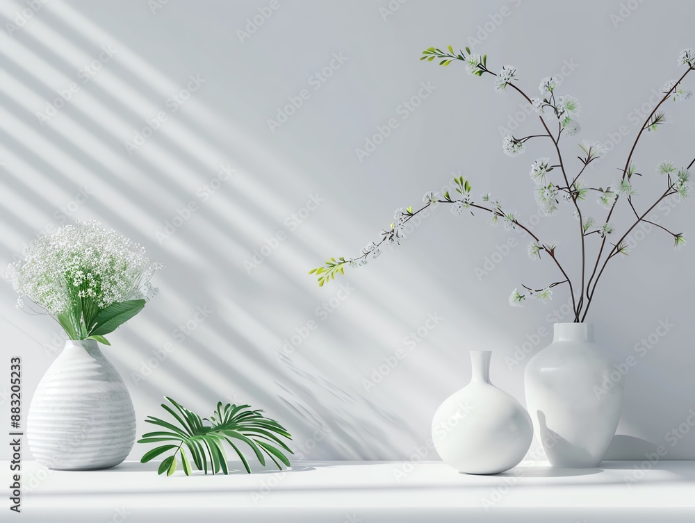 Elegant minimalist interior with white vases and green plants in natural light, creating a serene and stylish home decor setting. Elegant minimalist interior with white vases and green plants in natural light, creating a serene and stylish home decor setting.