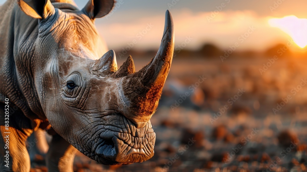 Fototapeta premium A profile view of a rhinoceros standing on a plain during the golden sunset hour, highlighting the majestic and serene presence of this powerful animal in its natural habitat.