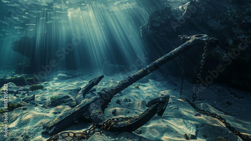 A massive anchor ensconced in the ocean floor, bathed in ethereal sunlight filtering through the water, evokes an ancient, enduring calm beneath the sea. photo